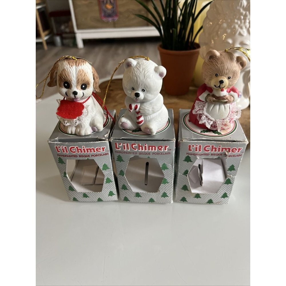 VINTAGE LIL CHIMER BISQUE PORCELAIN CHRISTMAS ORNAMENTs. Lot Of 3